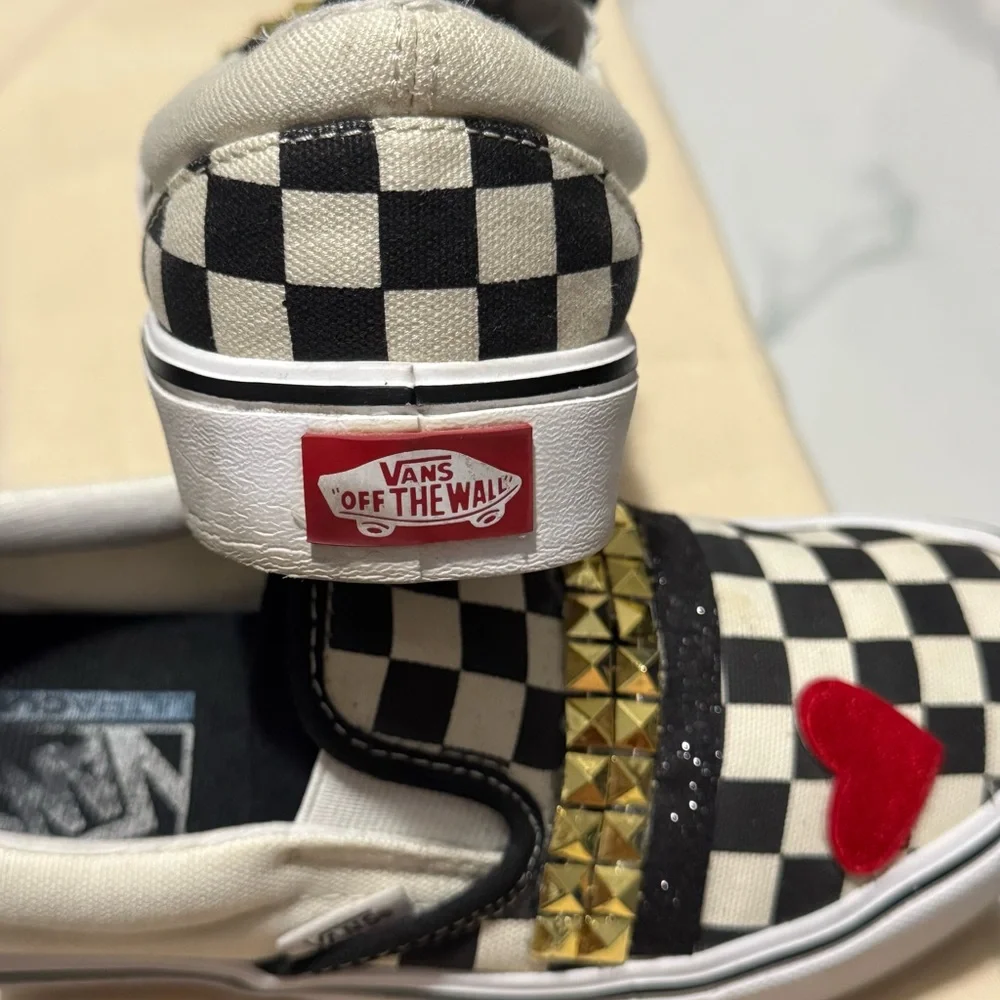Vans Black and White Checkered Slip-Ons with Red Heart and Gold Studs - Picture 4 of 8